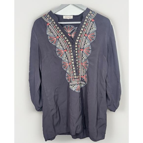 Solitaire‎ Tunic Long Roll Tab Sleeve Embroidery Trim Size Large Johnny Was Boho - Picture 1 of 8